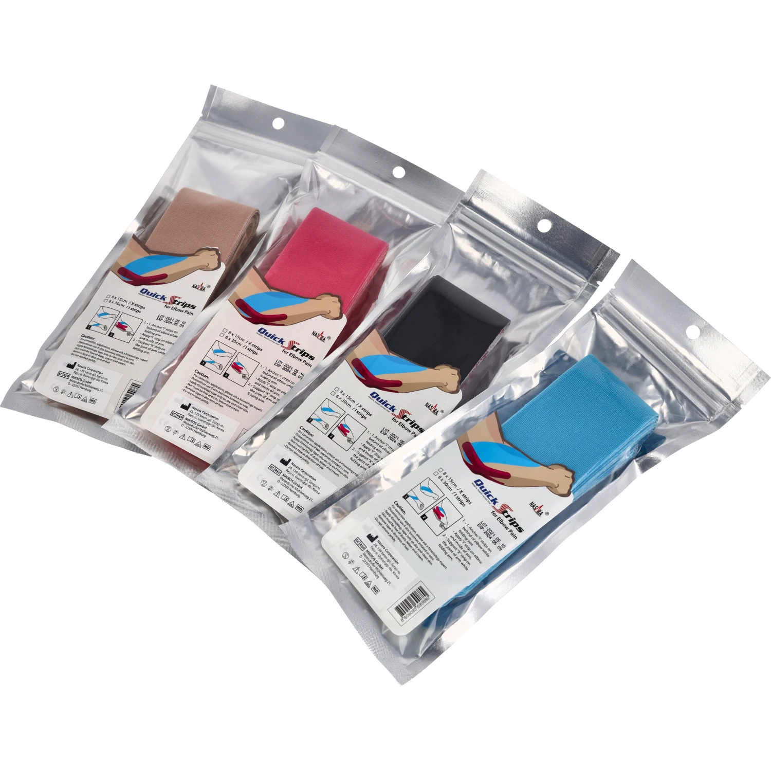 Nasara Kinesiologie Tape Pain Pack Elbow alle Farben Verpackung Gruppenfoto