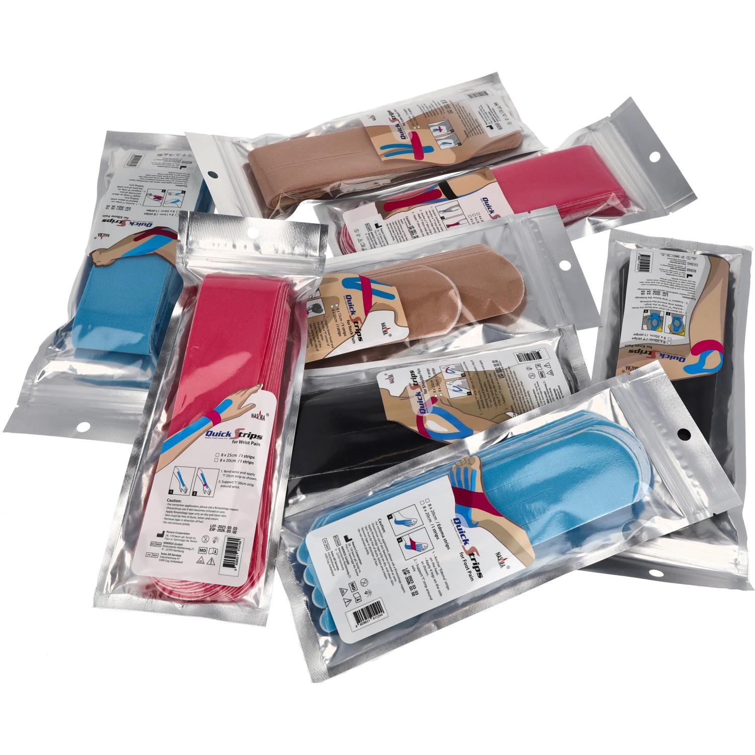 Nasara Kinesiologie Tape Pain Pack alle Farben alle Anwendungen Gruppenfoto Verpackung