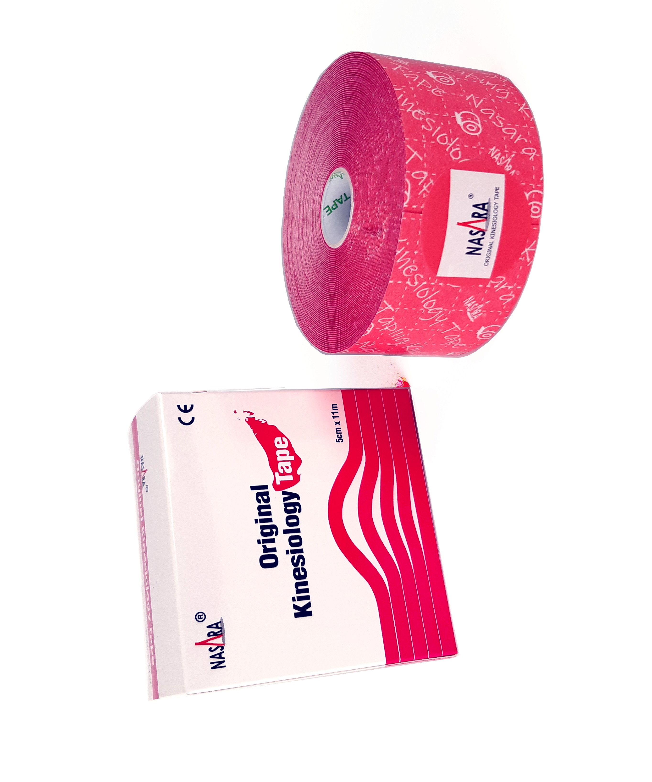 Nasara Kinesiologie Tape 11m Pink Rolle neben Verpackung