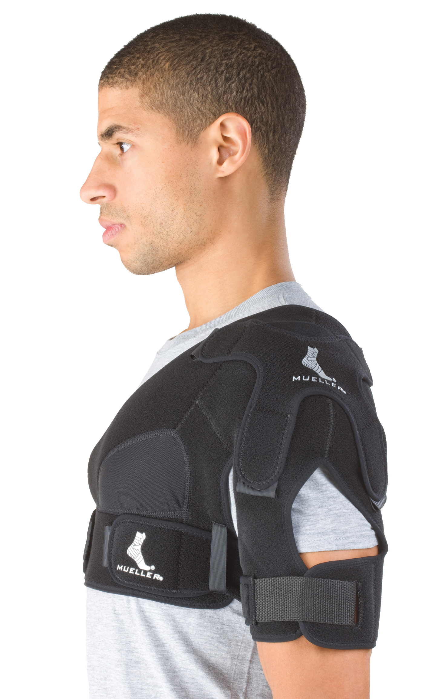 Mueller Schulterbandage 6012 Shoulder Support angezogen an männlicher Person seitlich