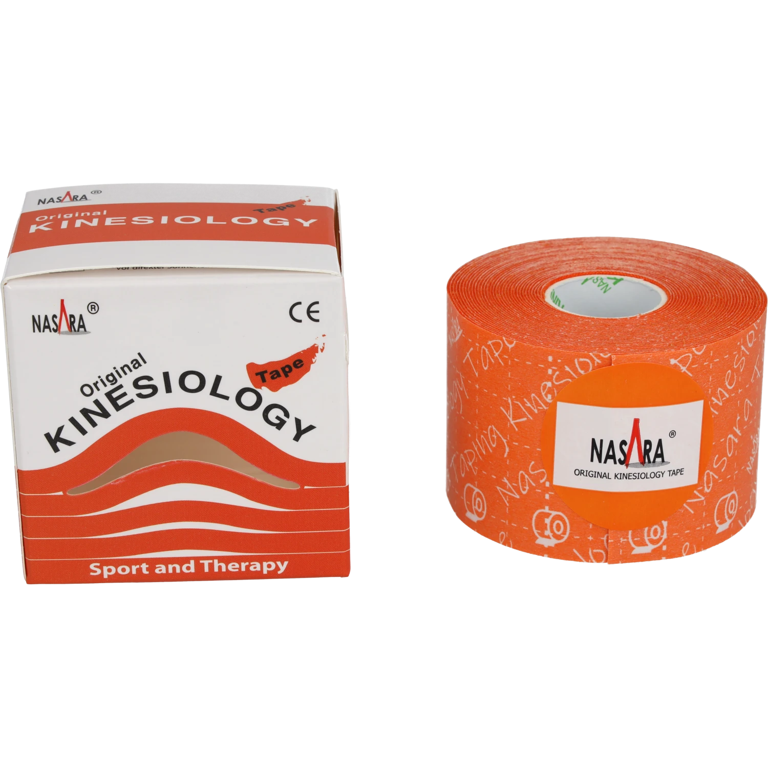 Nasara Kineiologie Tape 5cm Orange Einzelrolle zusammen neben Verpackung