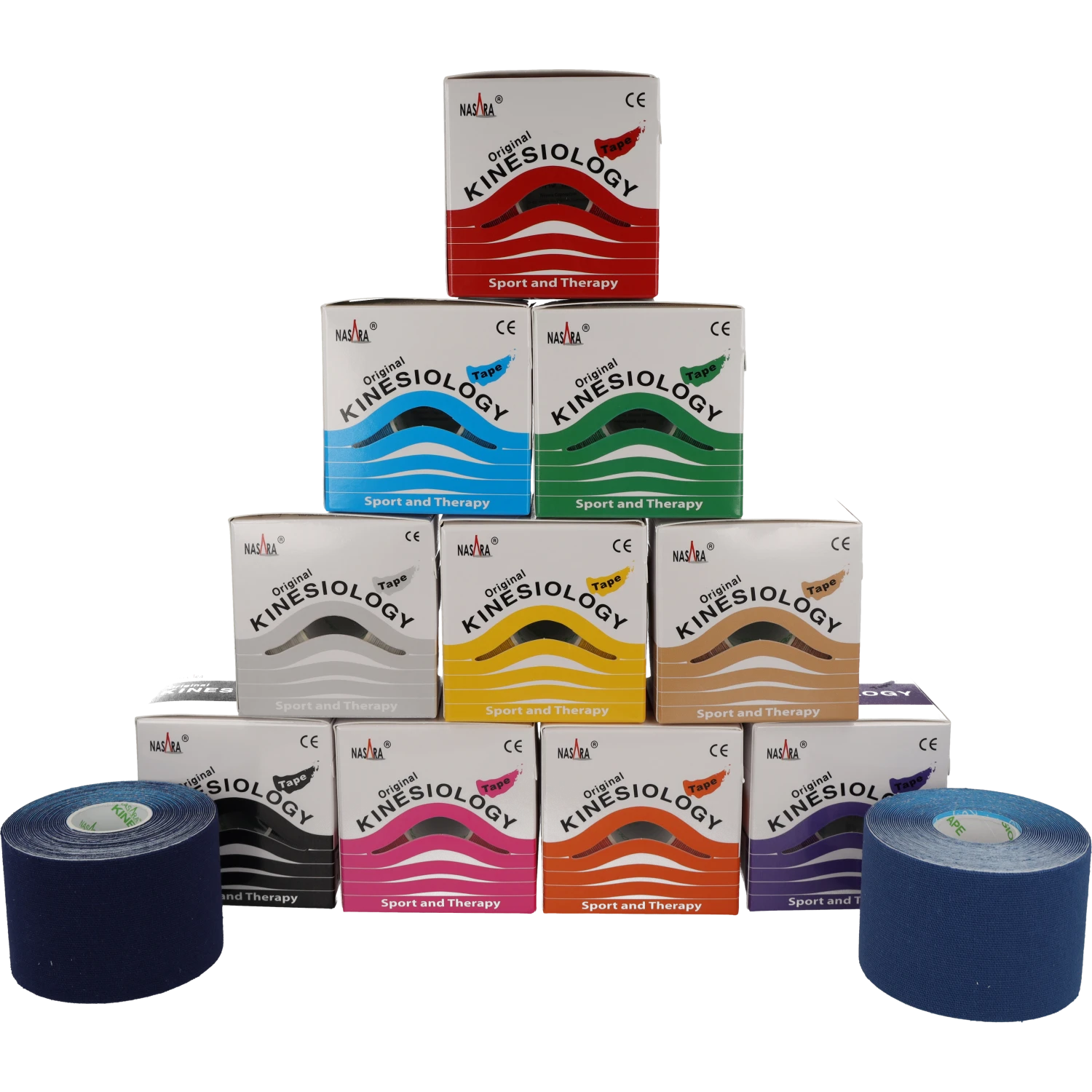 Nasara Kinesiologie Tape 12er Mix Set Pyramide eingepackt Dunkelblau und Mittelblau ausgepackt