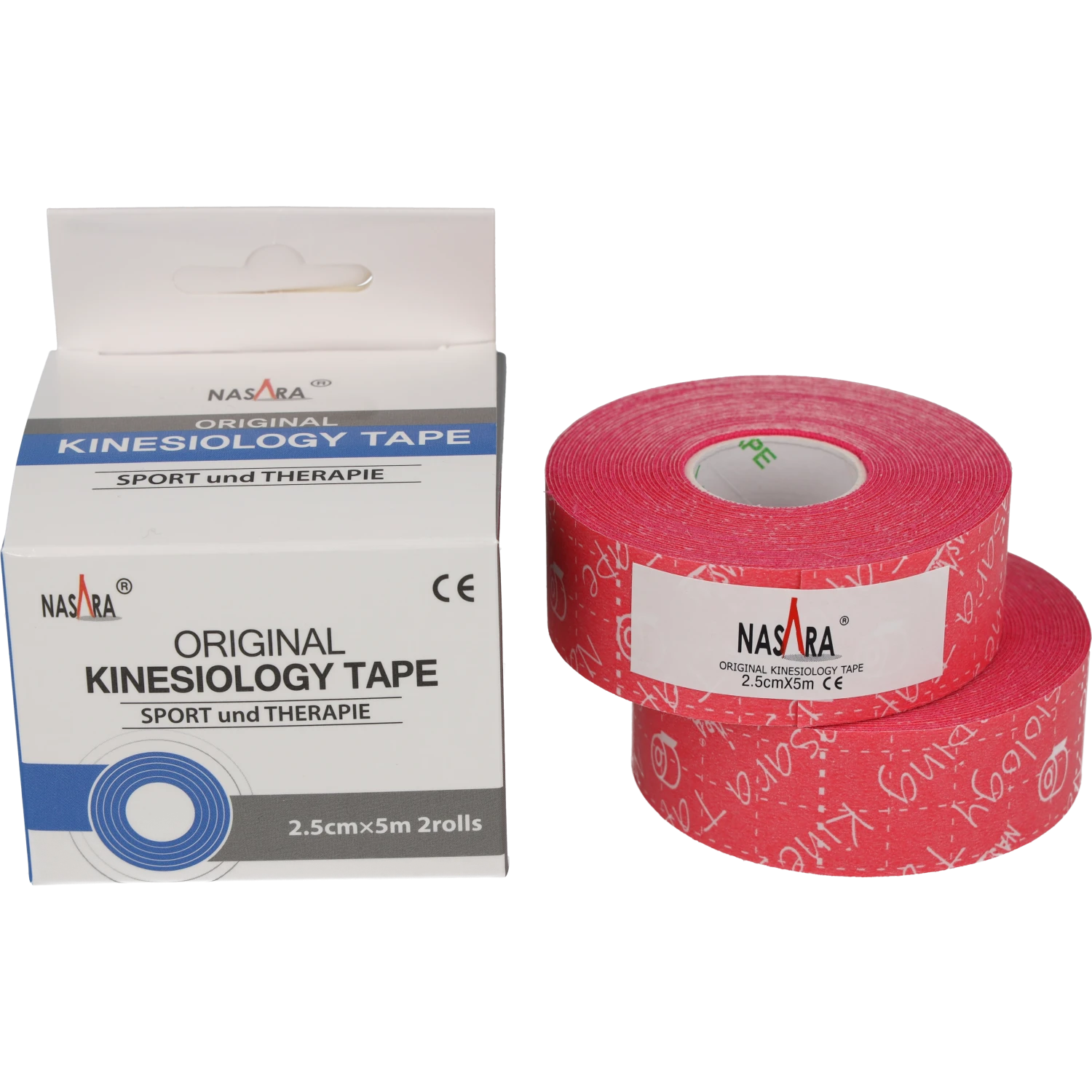 Nasara Kinesiologie Tape 2,5cm Pink zwei Einzelrollen aufeinander neben Verpackung