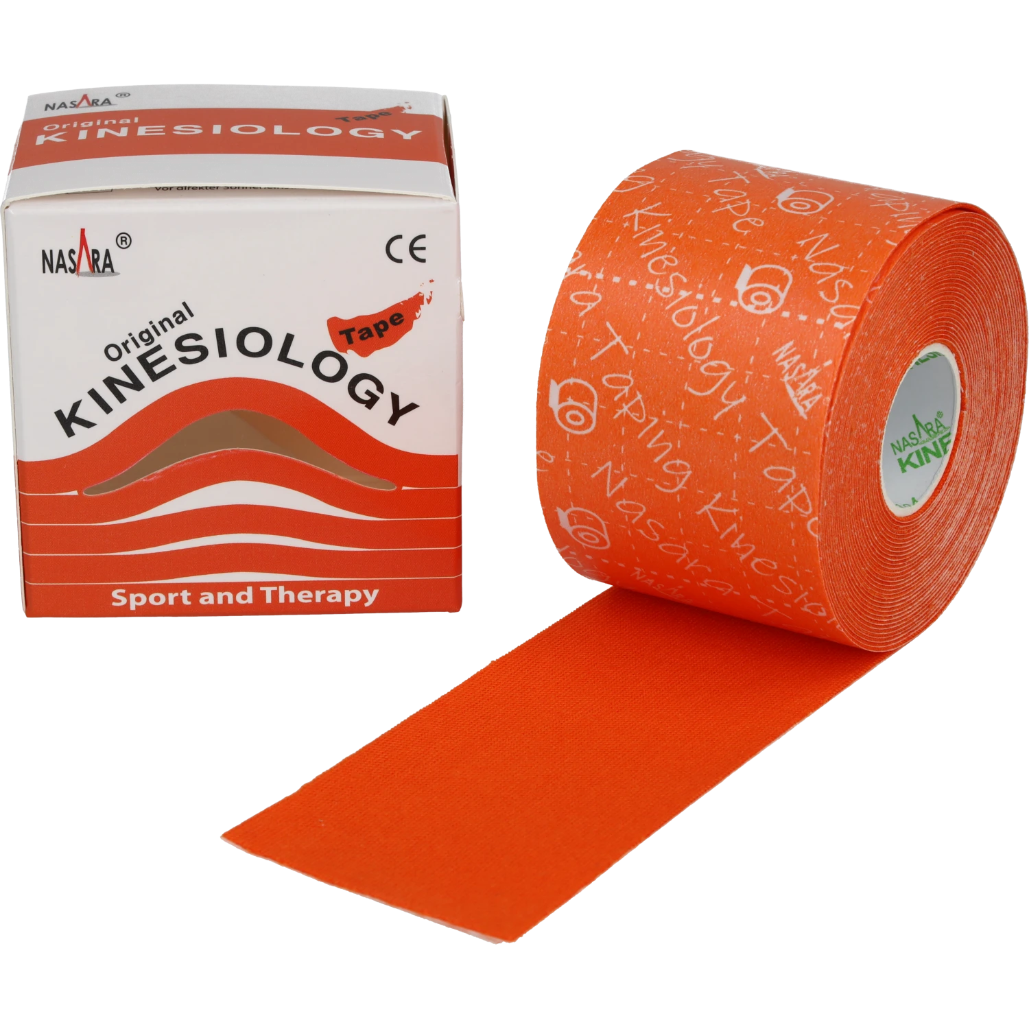 Nasara Kinesiologie Tape 5cm Orange Einzelrolle abgerollt neben Verpackung