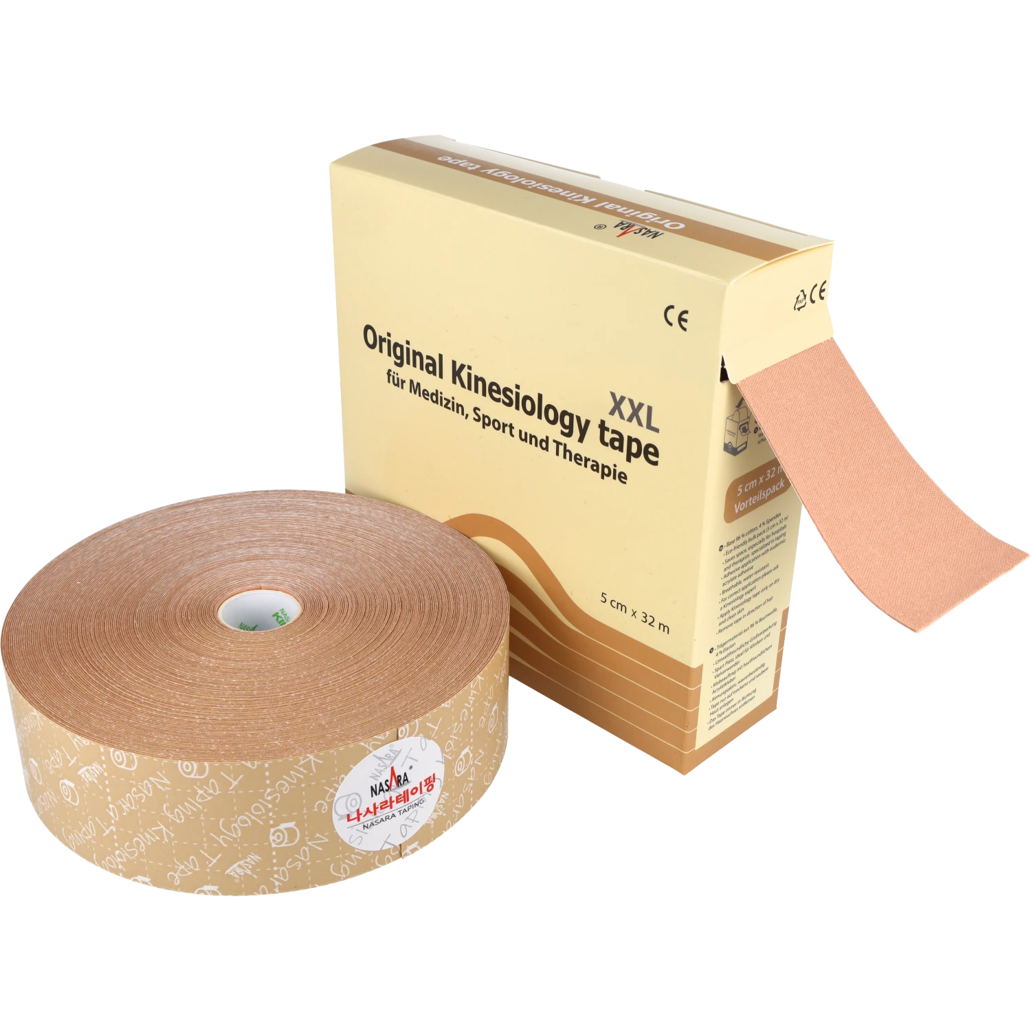 Nasara Kinesiologie Tape 32m Beige ausgepackte Rolle neben Verpackung