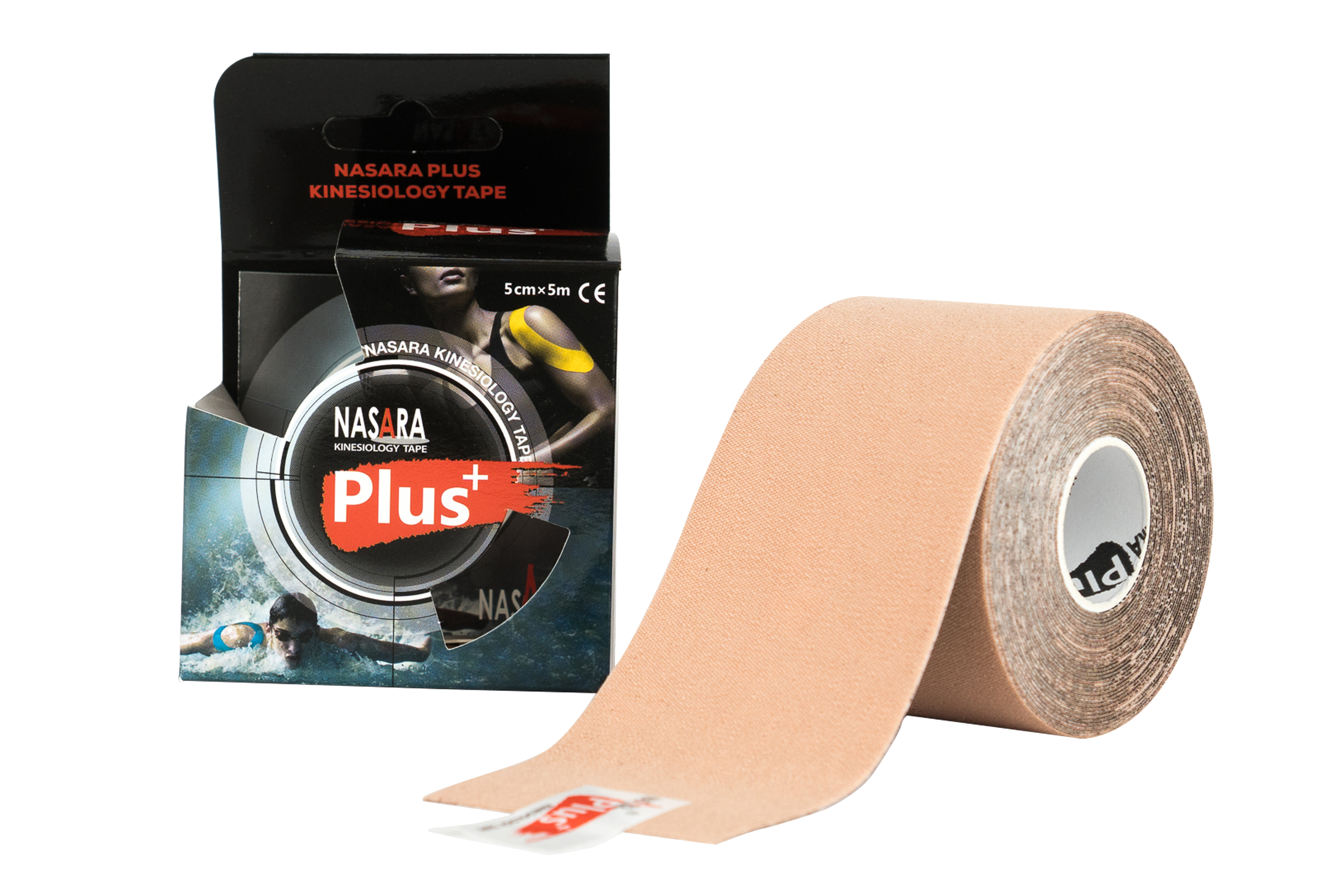 Nasara Kinesiologie Plus Tape Beige Einzelrolle abgewickelt neben Verpackung