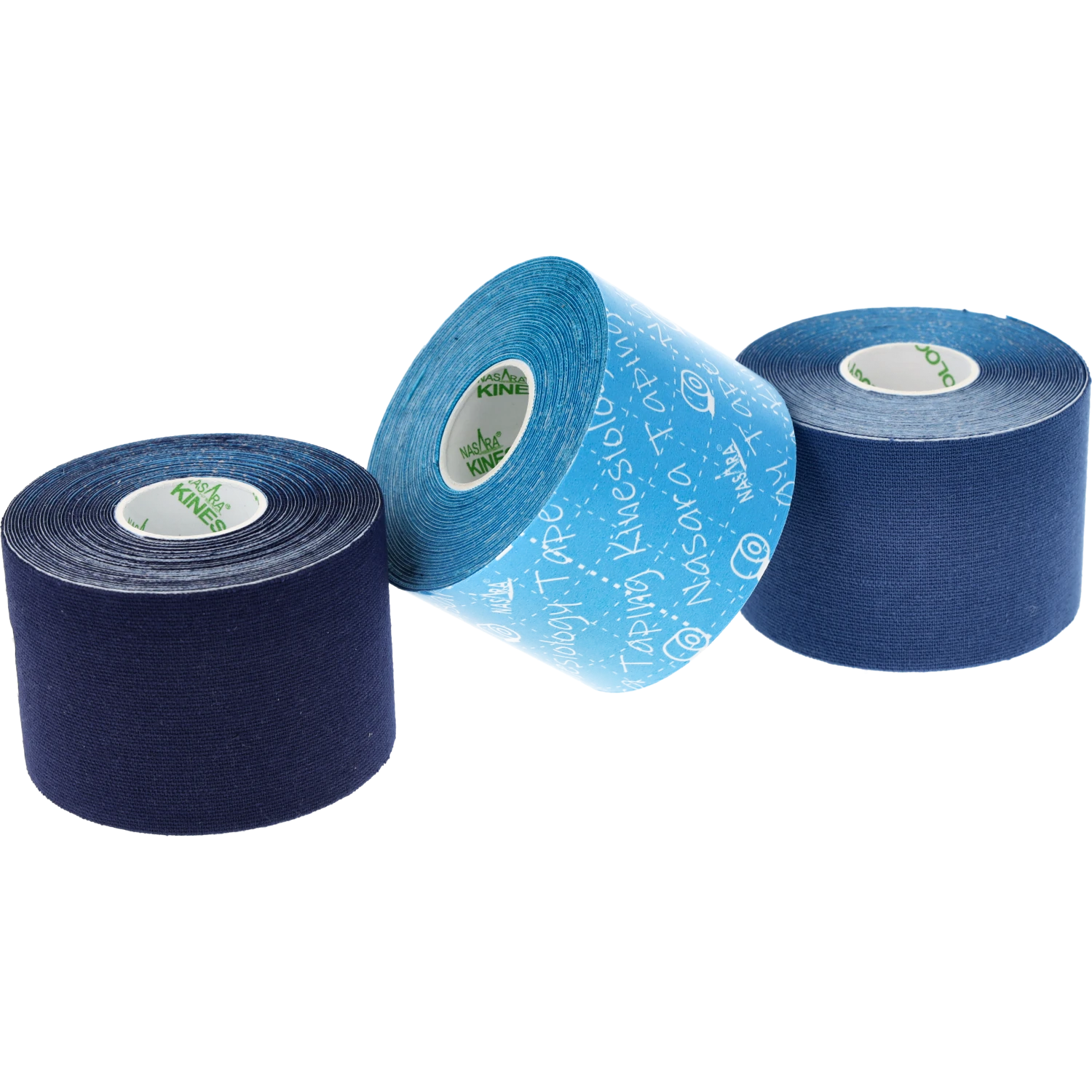 Nasara Kinesiologie Tape 3er Set Blue Line drei Farben nebeneinander