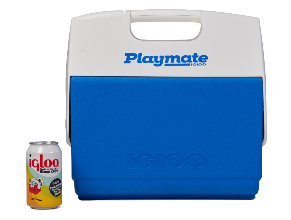 Igloo Playmate 1,5 Liter Blau geschlossen mit Getränkedose