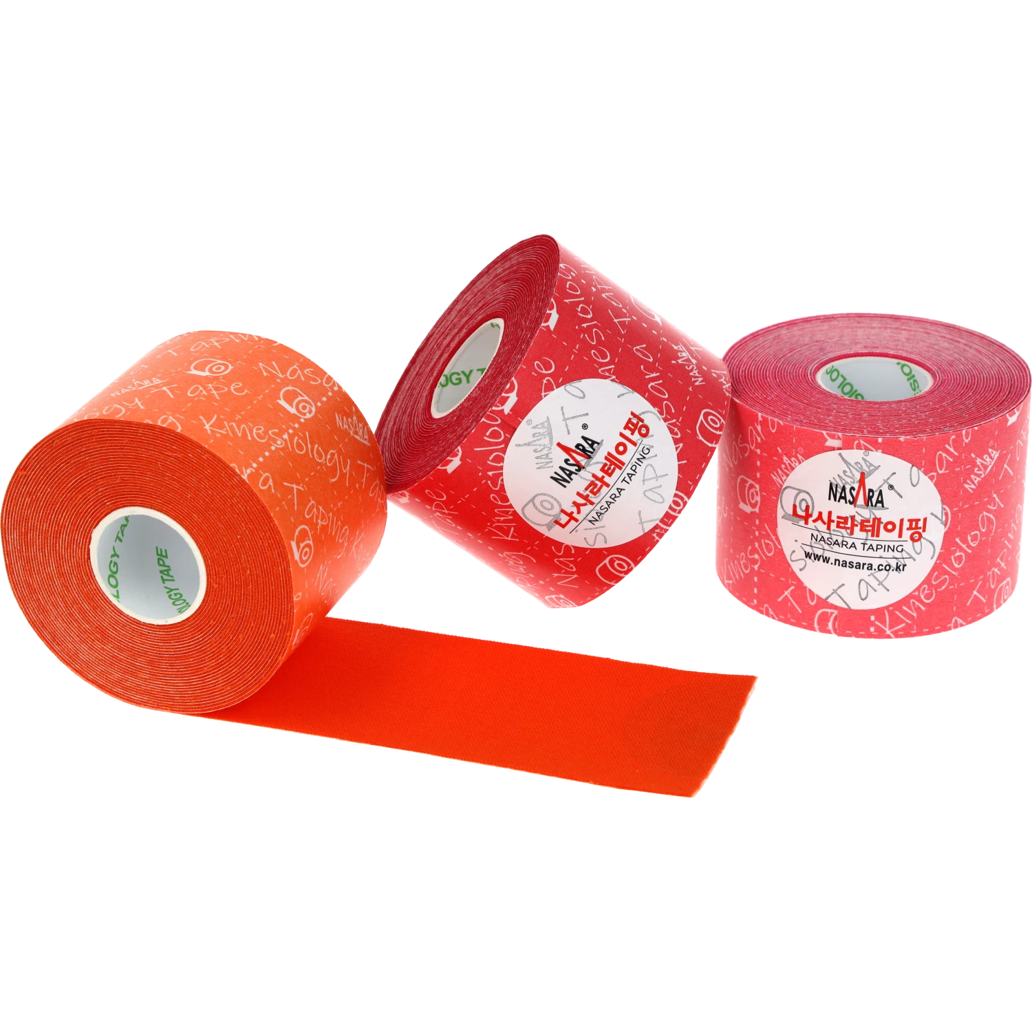 Nasara Kinesiologie Tape 3er-Set Warm Pack Orange abgerollt Rot Pink nebeneinander