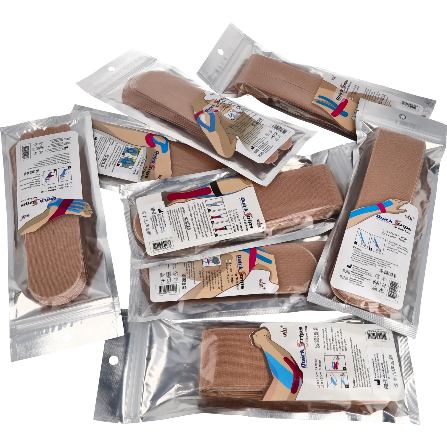 Nasara Kinesiologie Tape Pain Pack Beige alle Anwendungen Verpackung Gruppenfoto