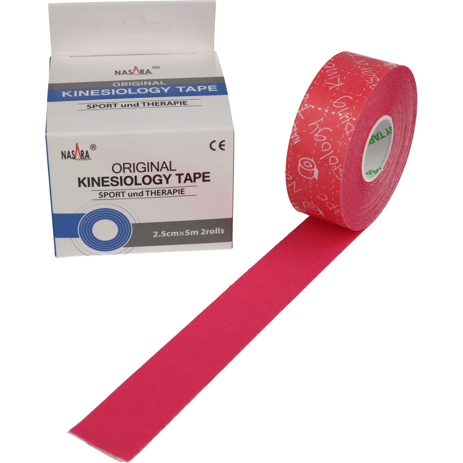 Nasara Kinesiologie Tape 2,5cm Pink Einzelrolle neben Verpackung